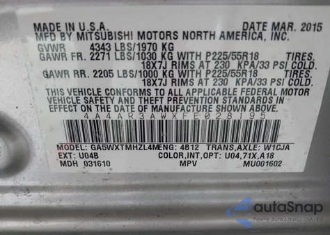 2015 Mitsubishi Outlander Sport Es z USA, uszkodzony, nr VIN 4A4AR3AWXFE028195